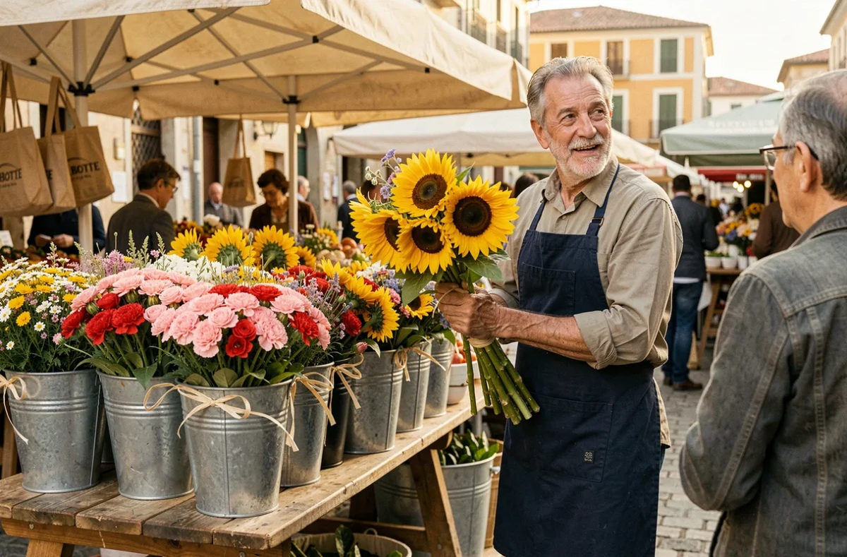 Vendeur de A la Botte tenant des tournesols en botte à son étal animé du marché en plein air de Perpignan