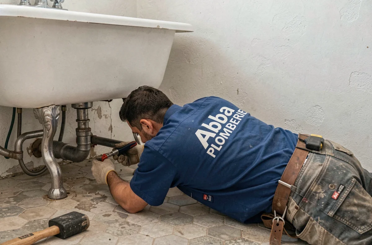 Plombier Abba Plomberie installant des canalisations de drainage sous une baignoire
