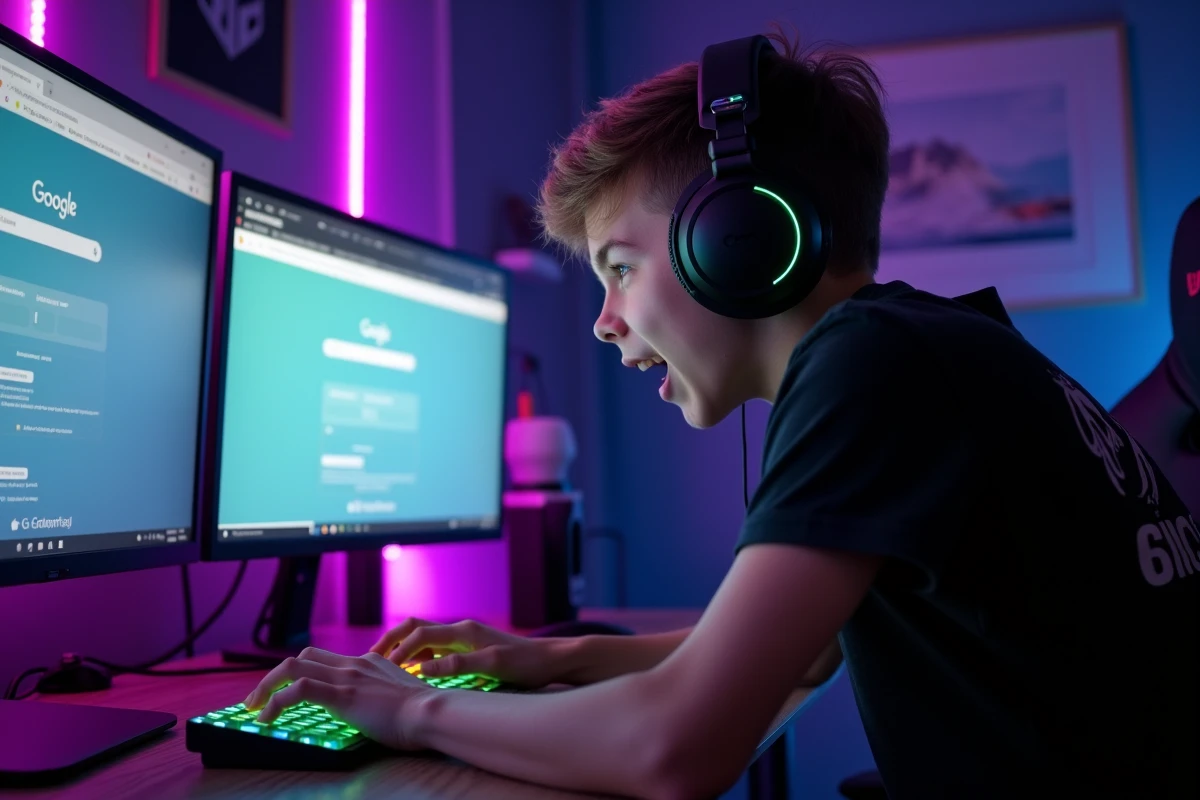 Adolescent enthousiasmé découvrant l'effet barrel roll Google sur un double écran dans une chambre gaming