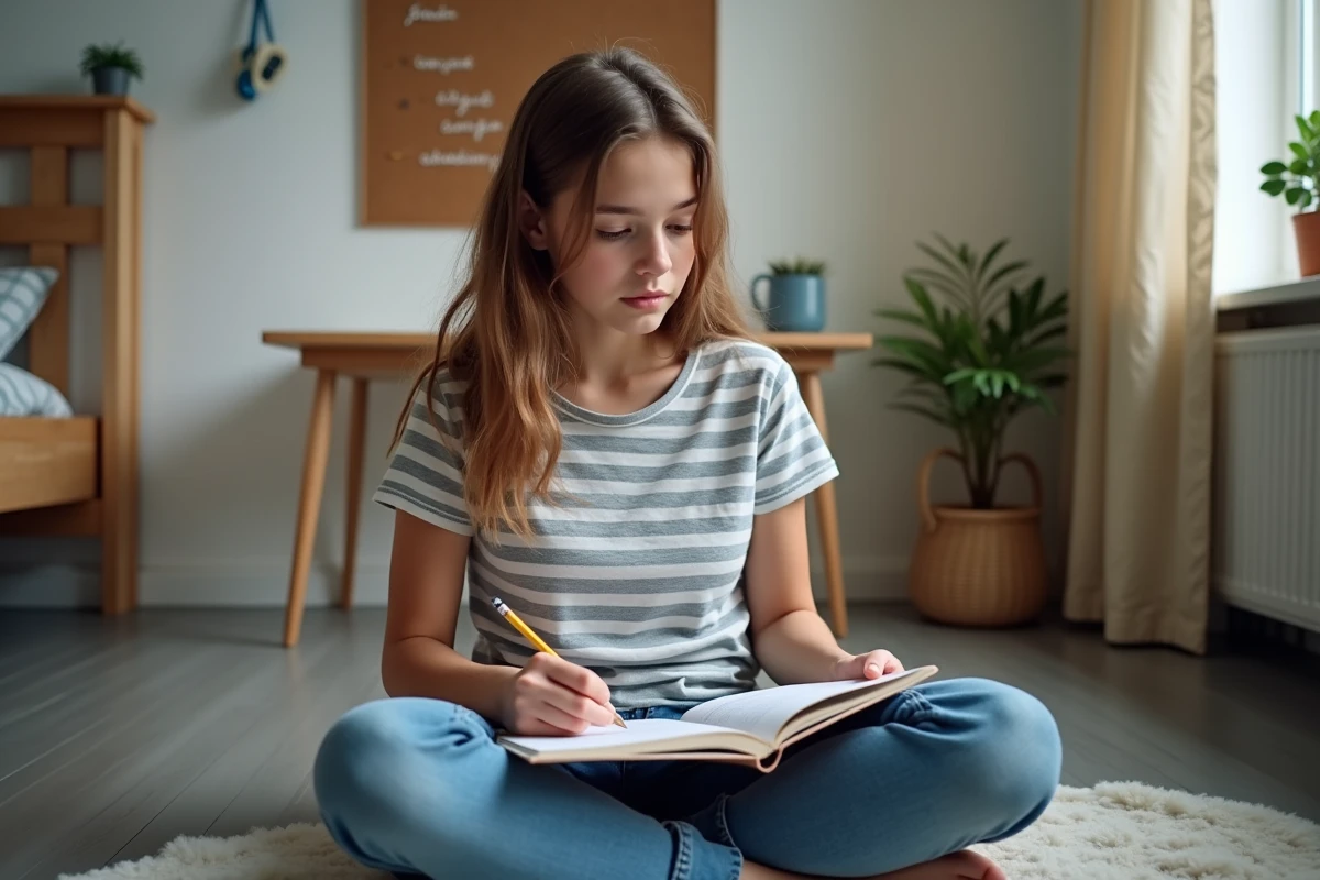 Adolescente révisant l'orthographe et la conjugaison française dans sa chambre avec un cahier d'exercices ouvert