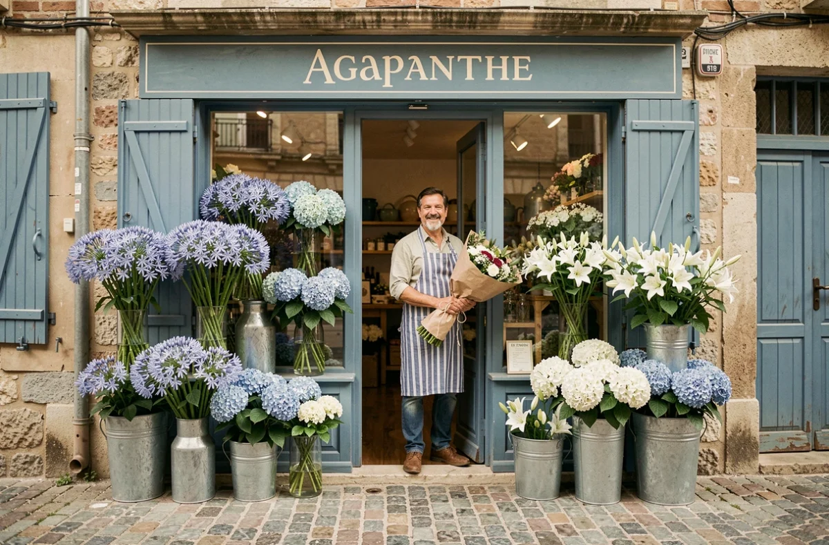 Devanture de la fleuriste Agapanthe avec une belle composition d'agapanthes et hortensias bleus dans des vases en verre