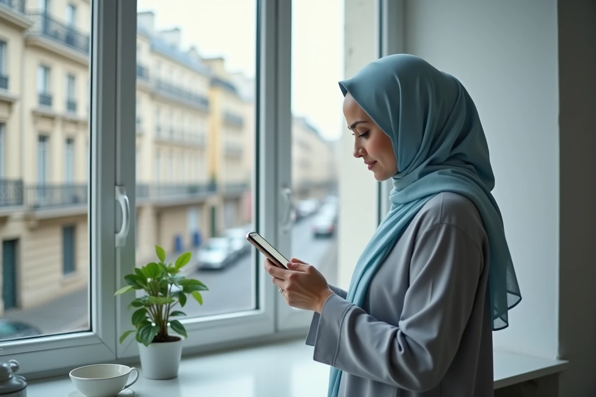Femme paramétrant une alerte rappel pour les heures de prière sur son téléphone à Mantes-la-Jolie