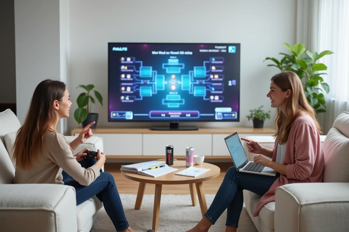 Deux amies organisant un tournoi de jeu en ligne dans un salon scandinave avec une télévision affichant les résultats du tournoi