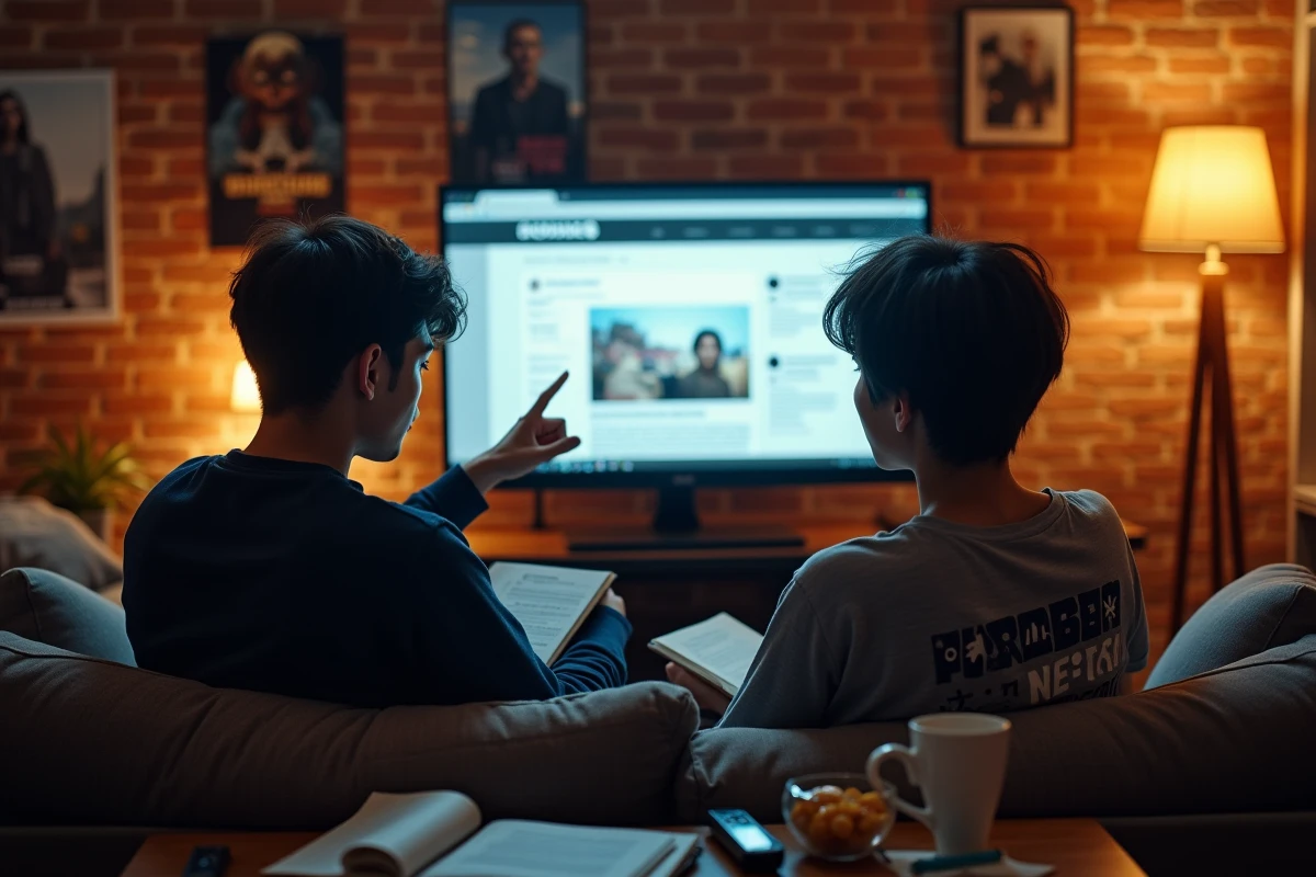 Deux amis passionnés d'anime discutant des annonces officielles de Tengoku Daimakyou saison 2 devant un écran d'ordinateur dans un appartement