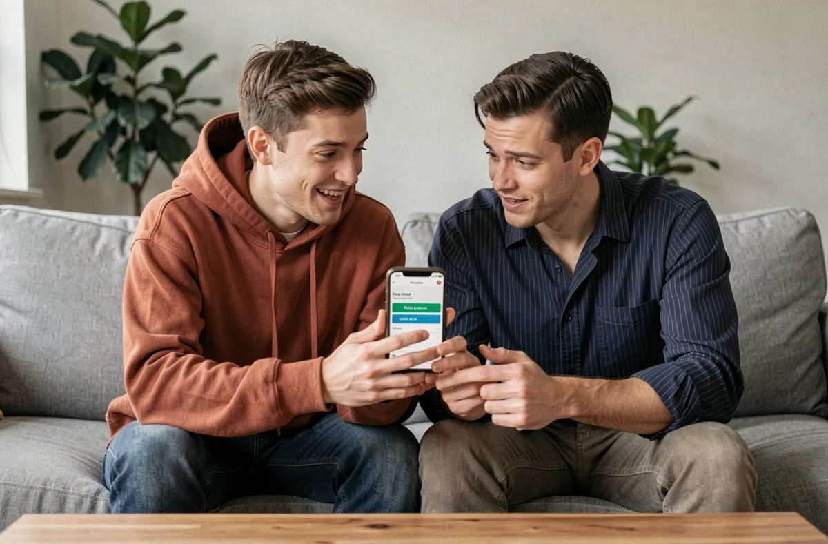 Deux amis découvrant ensemble les restrictions payantes de l'application Fruitz sur un canapé, discutant des moyens de voir les likes gratuitement