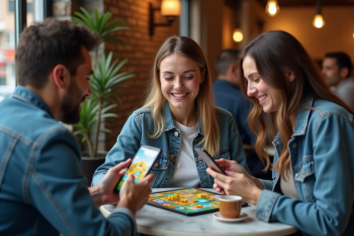 Groupe d'amis jouant à Monopoly GO ensemble dans un café urbain