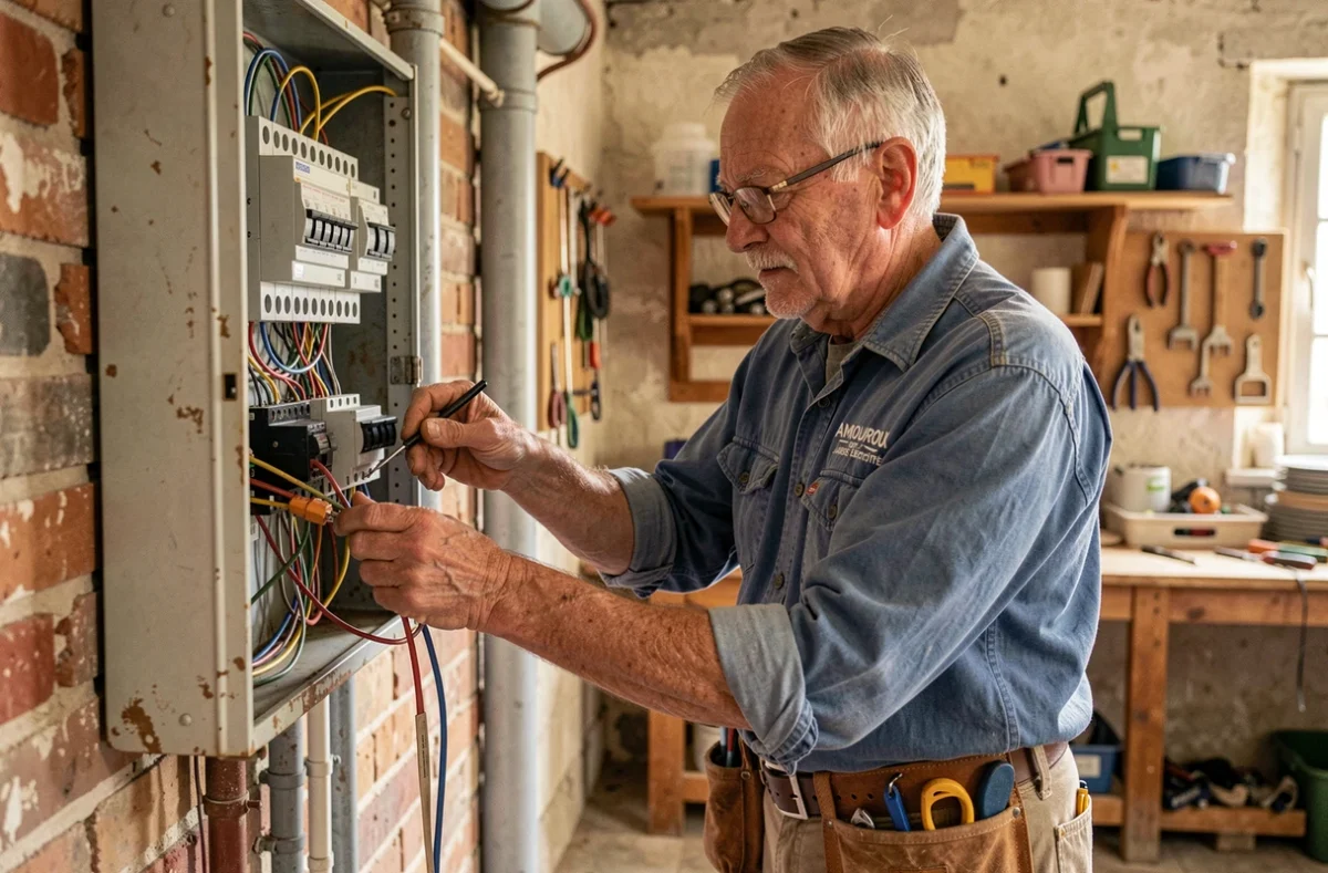 Électricien senior Amouroux Jacques Électricité connectant des câbles dans un tableau ancien en Lot-et-Garonne