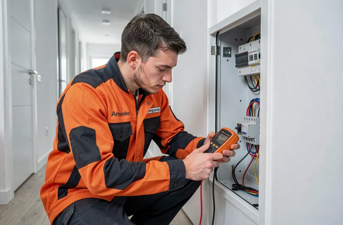 Électricien Amperelec 33 testant un tableau électrique dans un appartement de Bordeaux
