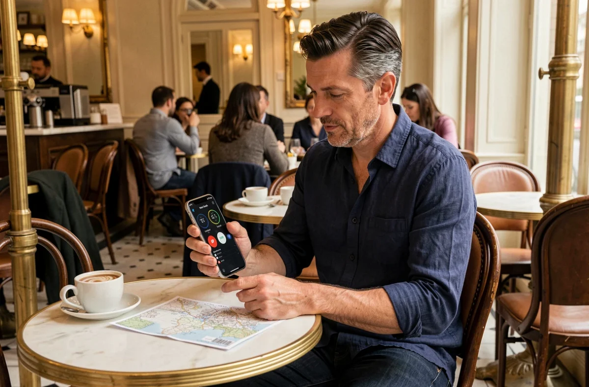 Voyageur utilisant une application de comparaison de fuseaux horaires dans un café parisien