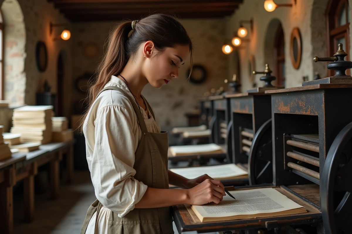 Jeune artisane utilisant une presse à imprimer ancienne