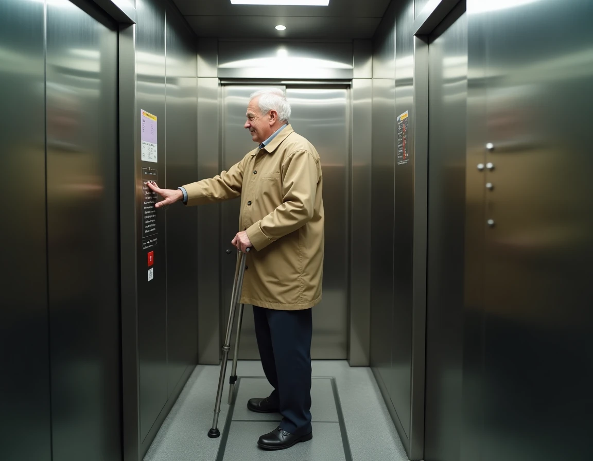 Homme avec canne dans un ascenseur PMR de gare RER parisienne appuyant sur un bouton en braille