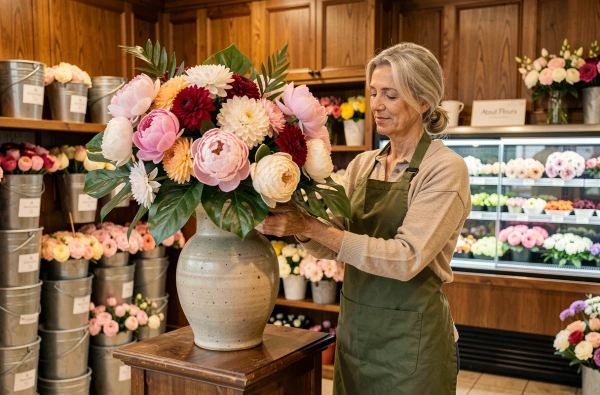Fleuriste d'Atout Fleurs composant un grand centre de table de pivoines et dahlias dans une boutique au décor en bois chaleureux