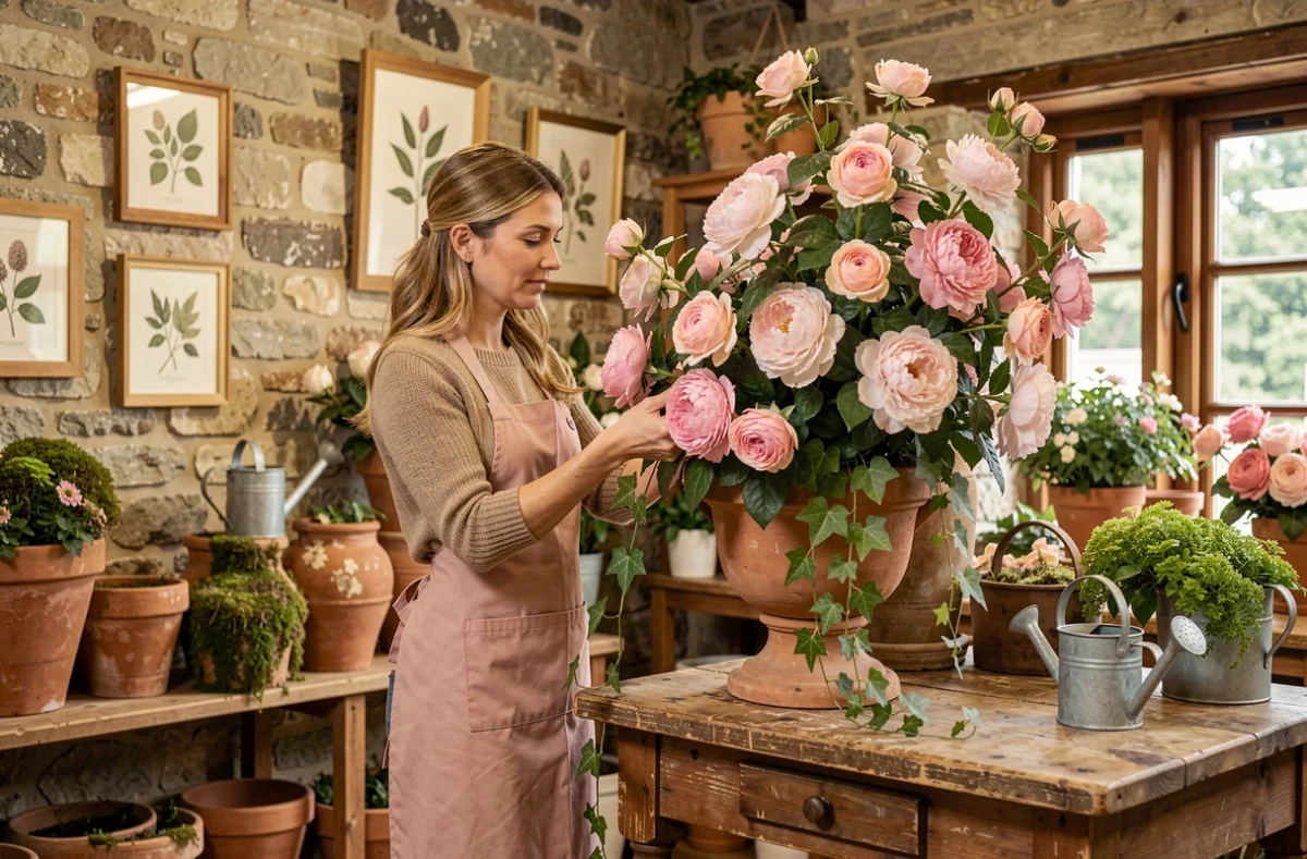 Fleuriste d'Au Jardin d'Élise arrangeant des roses grimpantes et pivoines dans une urne en terre cuite dans sa boutique au style jardin français