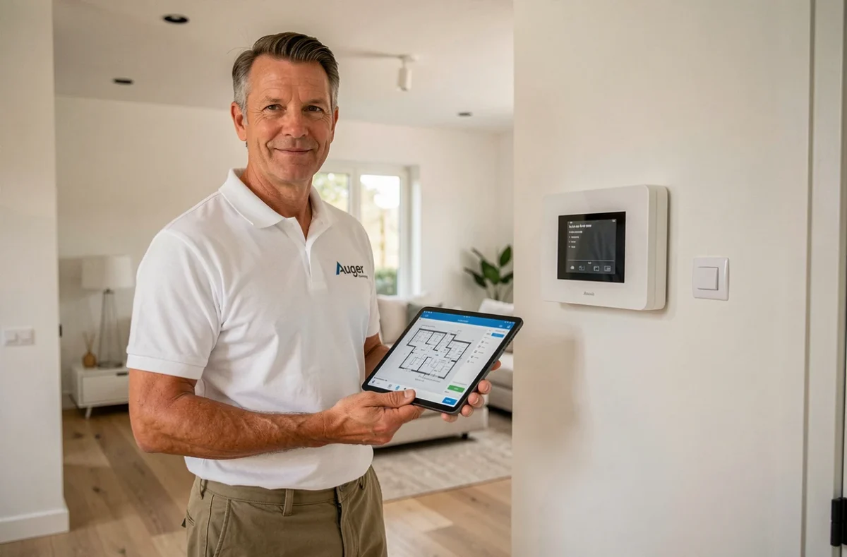 Électricien Auger présentant un tableau domotique dans une maison contemporaine en Nouvelle-Aquitaine
