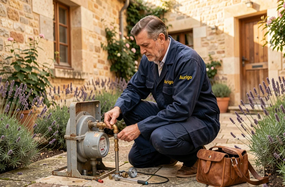Plombier Aurigo Plomberie Generale Services réparant un compteur d'eau dans une cour provençale