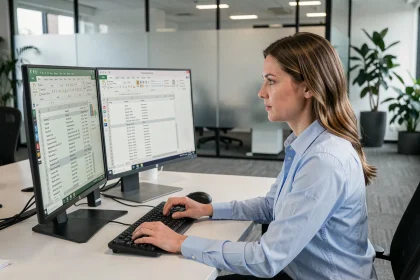 Professionnelle utilisant Excel sur double écran pour automatiser des conversions PPM en entreprise