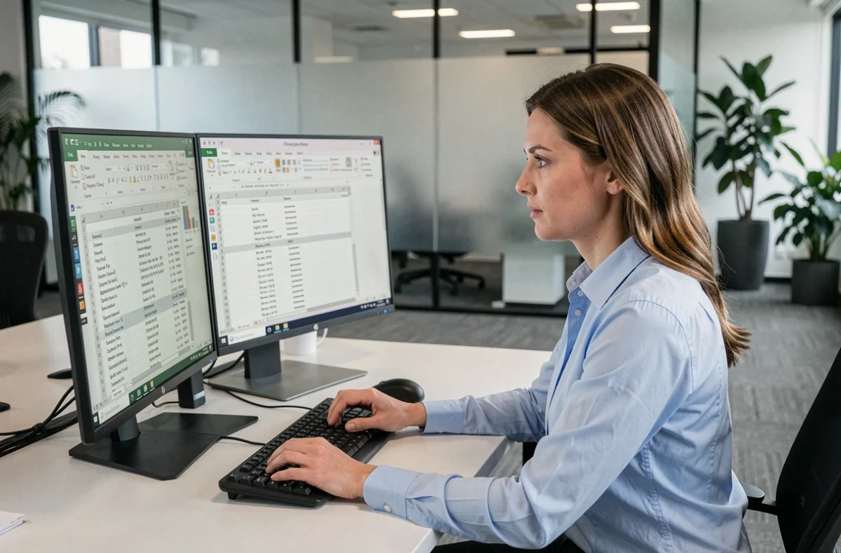 Professionnelle utilisant Excel sur double écran pour automatiser des conversions PPM en entreprise