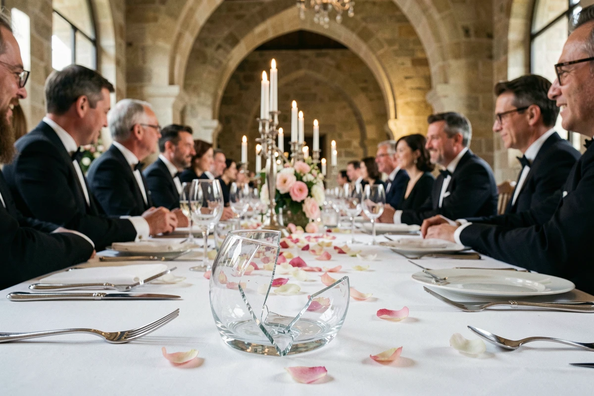 Table de banquet avec un verre blanc cassé au premier plan lors d'une réception formelle, entouré de vaisselle fine et de convives élégants, évoquant les rituels et symboles du bris de verre en culture