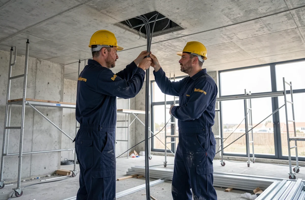 Deux techniciens Batiserve réalisant une installation électrique dans un bâtiment commercial en travaux