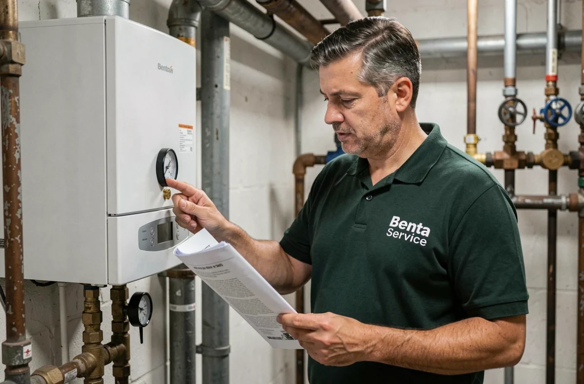 Technicien Benta Service inspectant une chaudière à condensation murale dans une chaufferie