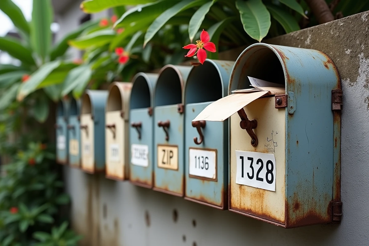 Boîtes aux lettres résidentielles avec codes postaux de Port Louis visibles sur des étiquettes lamifiées