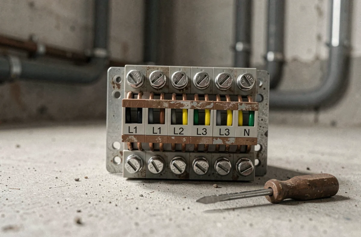 Gros plan sur les bornes de raccordement d'un transformateur 380V vers 220V avec câblage colorimétrique normalisé