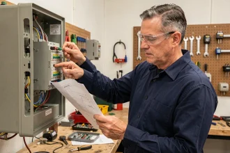 Électricien amateur examinant les bornes d'un transformateur industriel 380V avec un schéma de câblage dans un atelier