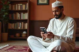Homme consultant un calendrier horaire de prière sur smartphone à Mantes-la-Jolie en 2026