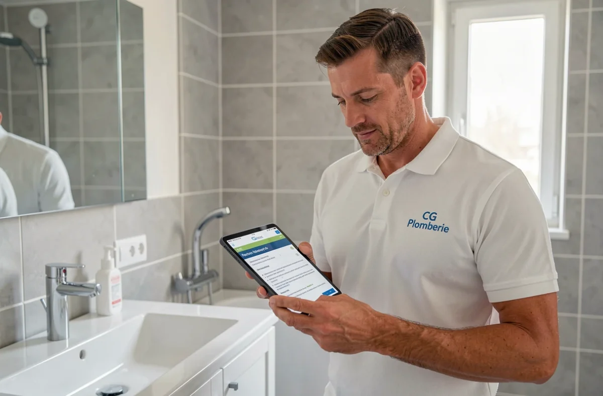 Technicien CG Plomberie présentant un diagnostic de plomberie sur tablette à un client