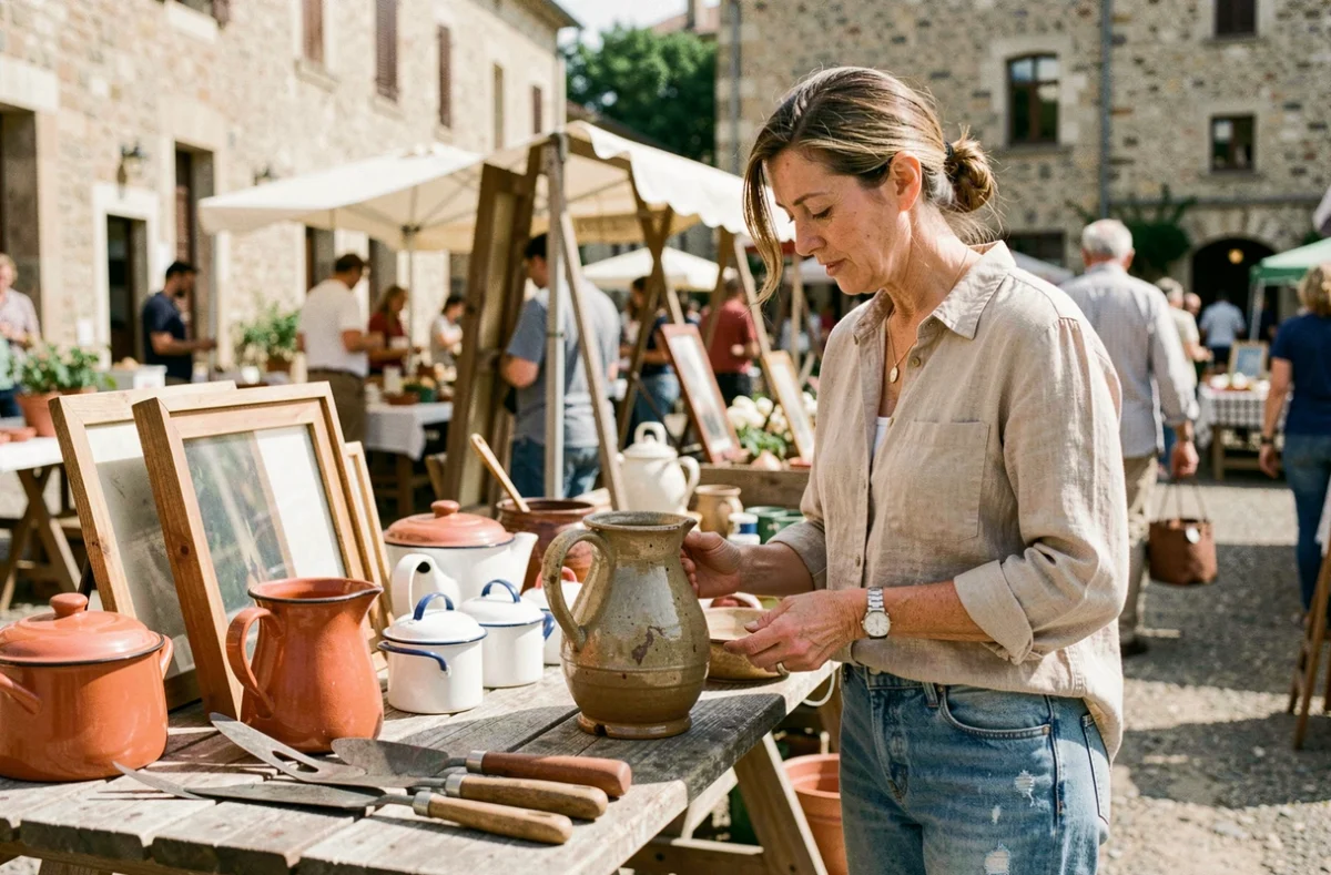 Femme chinant une cruche en céramique sur un vide-grenier en plein air dans une ville rurale du Cantal