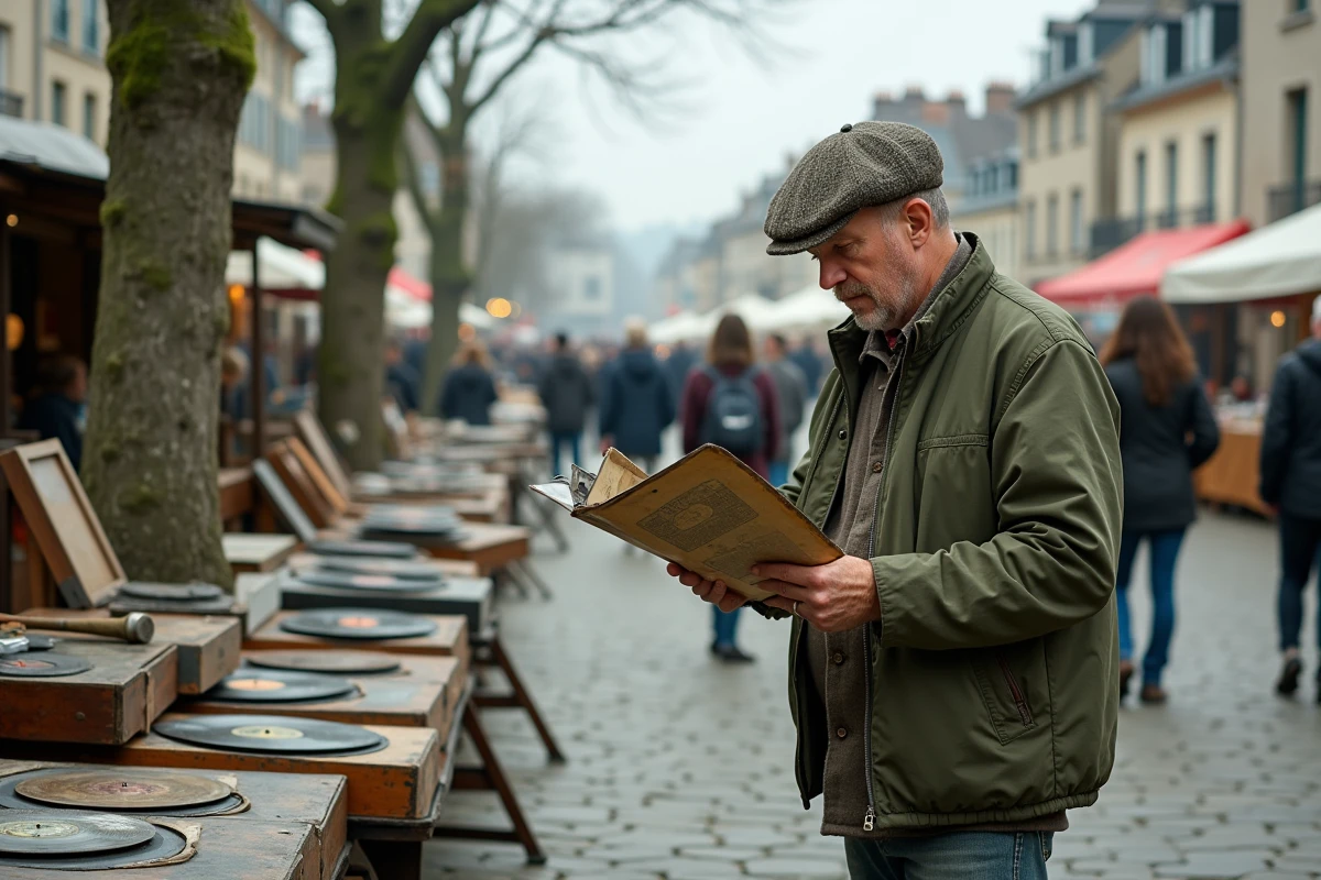 Homme chinant des vinyles et outils anciens dans un vide grenier à Quimper en Finistère