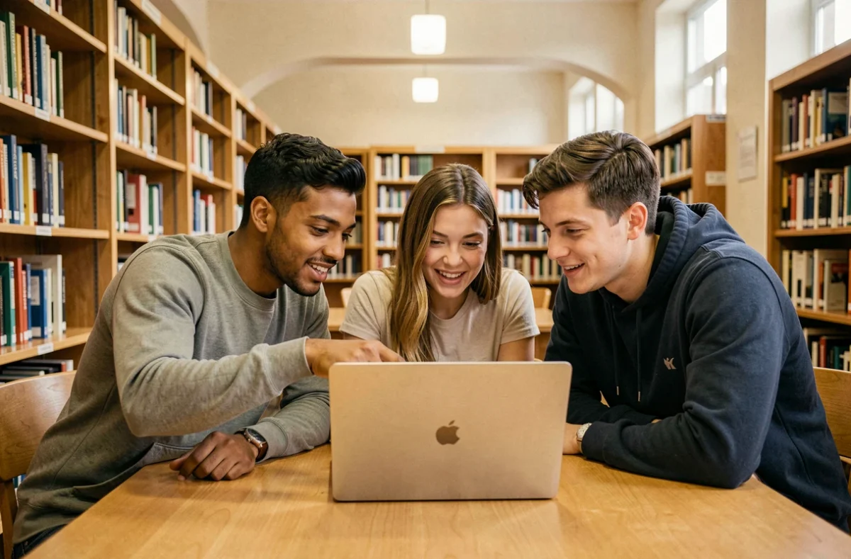 Groupe de jeunes adultes collaborant autour d'un ordinateur portable dans une bibliothèque universitaire