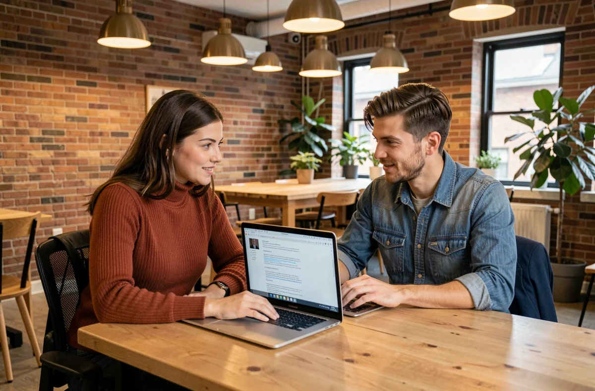 Deux collègues collaborant sur un document textuel affiché sur un ordinateur portable dans un espace de coworking, illustrant la correction collaborative du langage formel et l'usage d'alternatives rédactionnelles