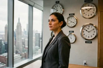 Femme professionnelle consultant des horloges mondiales dans un bureau new-yorkais avec vue sur Manhattan