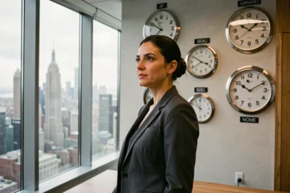Femme professionnelle consultant des horloges mondiales dans un bureau new-yorkais avec vue sur Manhattan