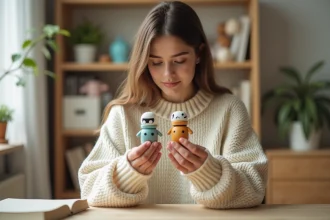 Jeune femme comparant un vrai Labubu et une copie AliExpress côte à côte pour repérer les différences