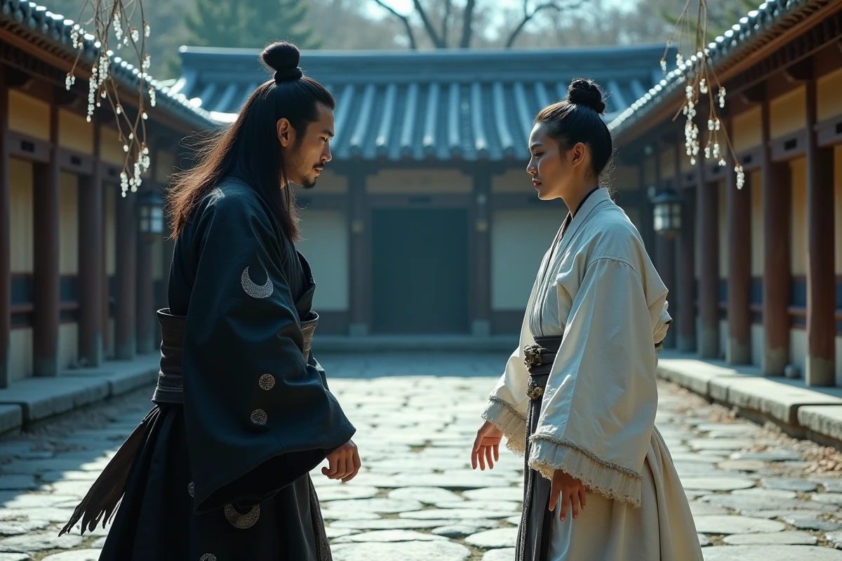 Deux personnages en costumes japonais traditionnels s'affrontent dans une cour ancienne, illustrant le scénario d'une lune démoniaque se retournant contre Muzan