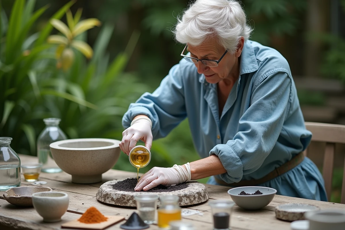 Conservatrice âgée préparant de la peinture en extérieur