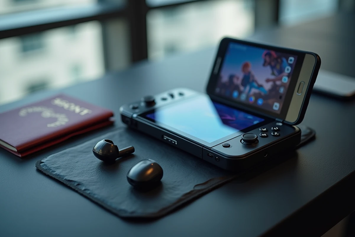 Vue de dessus d'une console portable Sony avec écouteurs, smartphone et passeport, symbolisant le cloud gaming en voyage