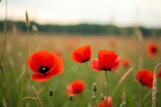 Coquelicots rouges sauvages en fleur dans un champ de blé, symbole du souvenir de la Première Guerre mondiale