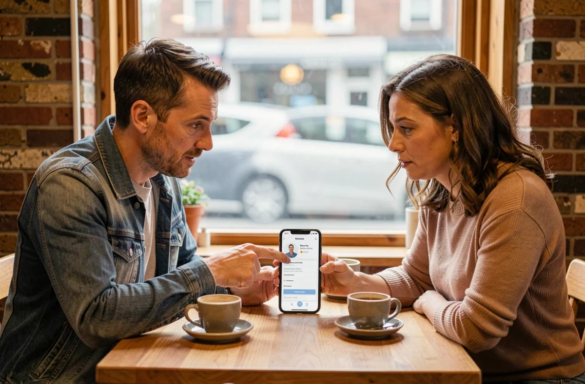 Deux personnes dans un café examinant des données personnelles sur un smartphone, soulignant les enjeux de vie privée liés aux services d'annuaires comme le 118 712