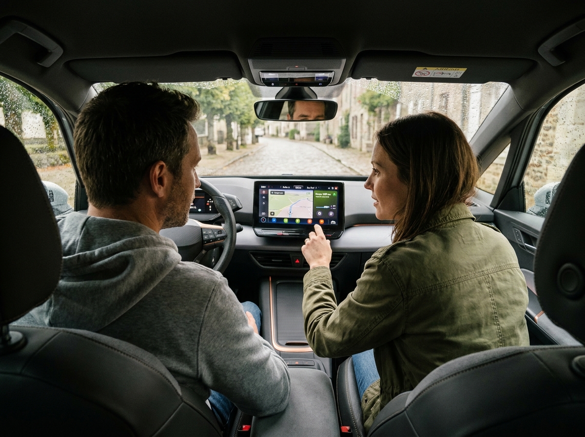 Couple consultant l'autonomie et les bornes de recharge sur l'écran d'une voiture électrique de location