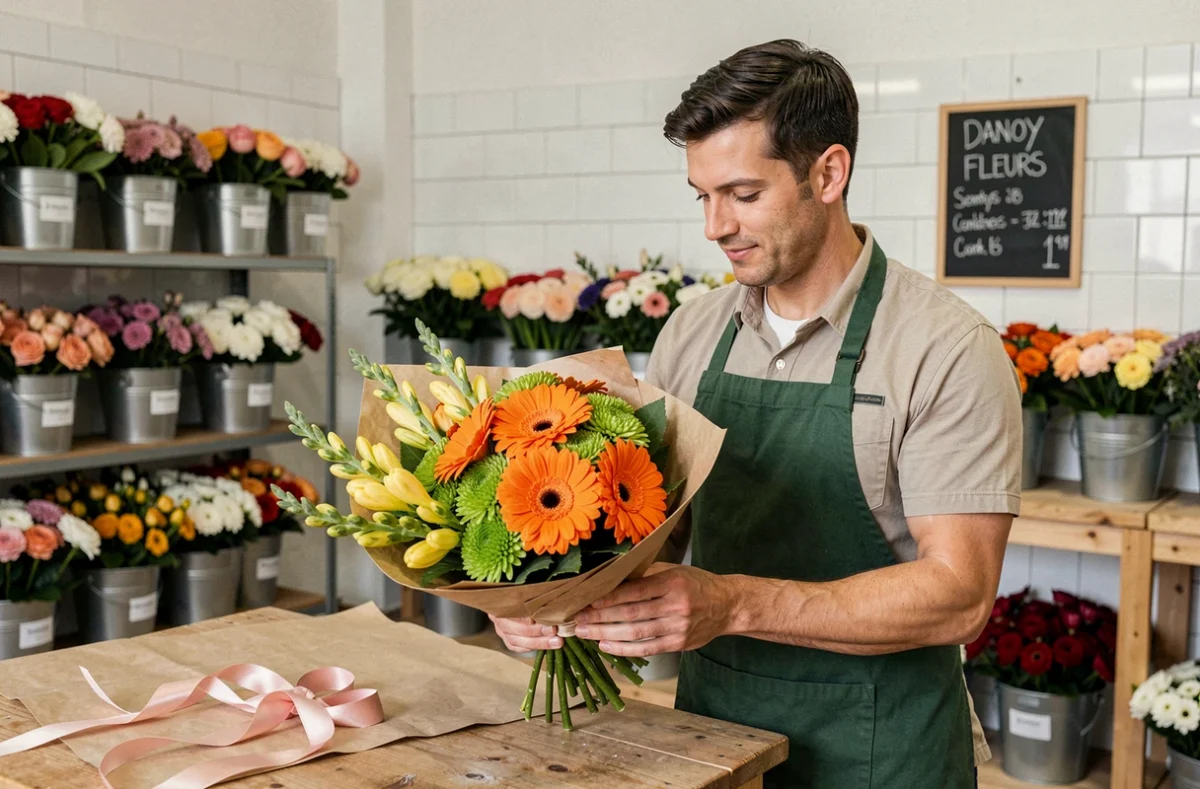 Fleuriste de Danoy Fleurs préparant un bouquet cadeau de gerberas orange et freesias jaunes enveloppé dans du papier kraft