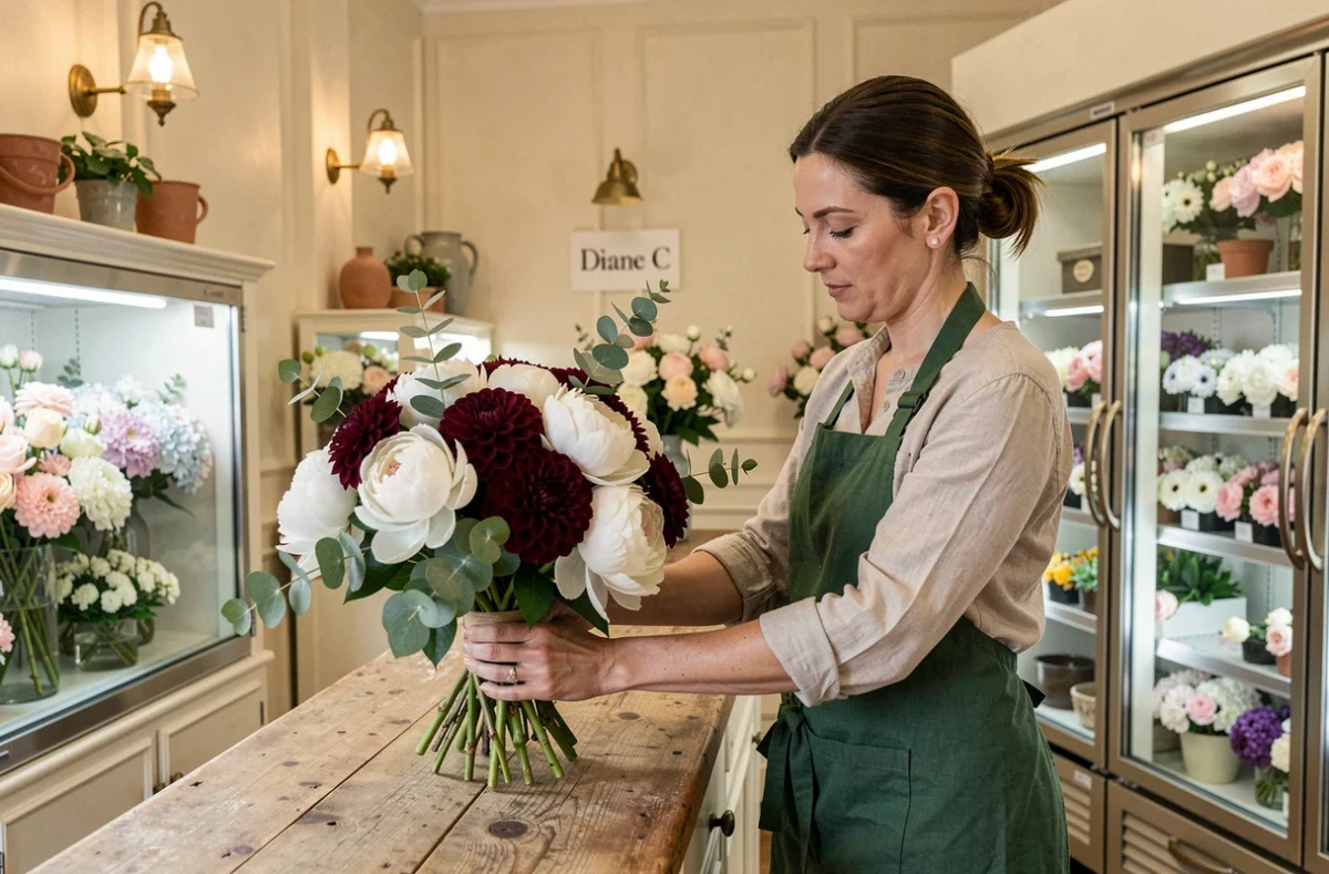 Fleuriste de Diane C. Fleurs et Décoration arrangeant un bouquet élégant de pivoines et dahlias dans sa boutique raffinée