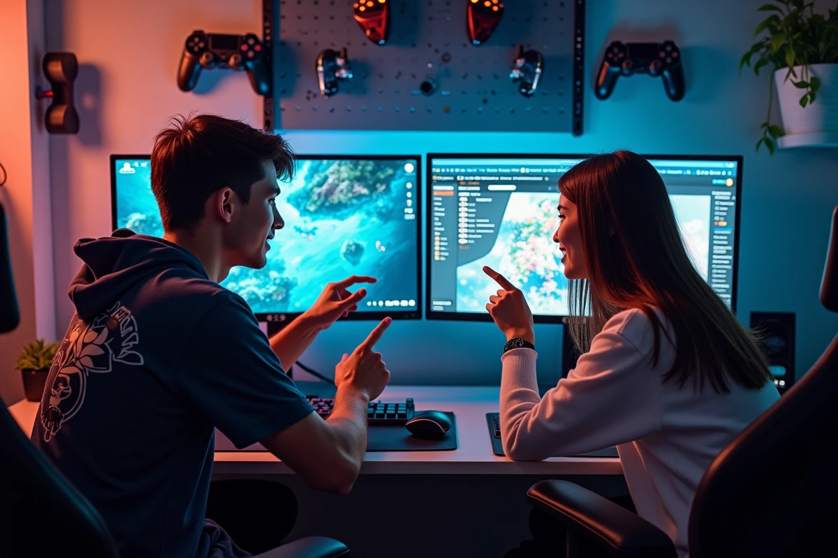 Deux joueurs adultes analysant ensemble les codes actifs et la méta d'Anime Last Land sur une station de gaming double écran