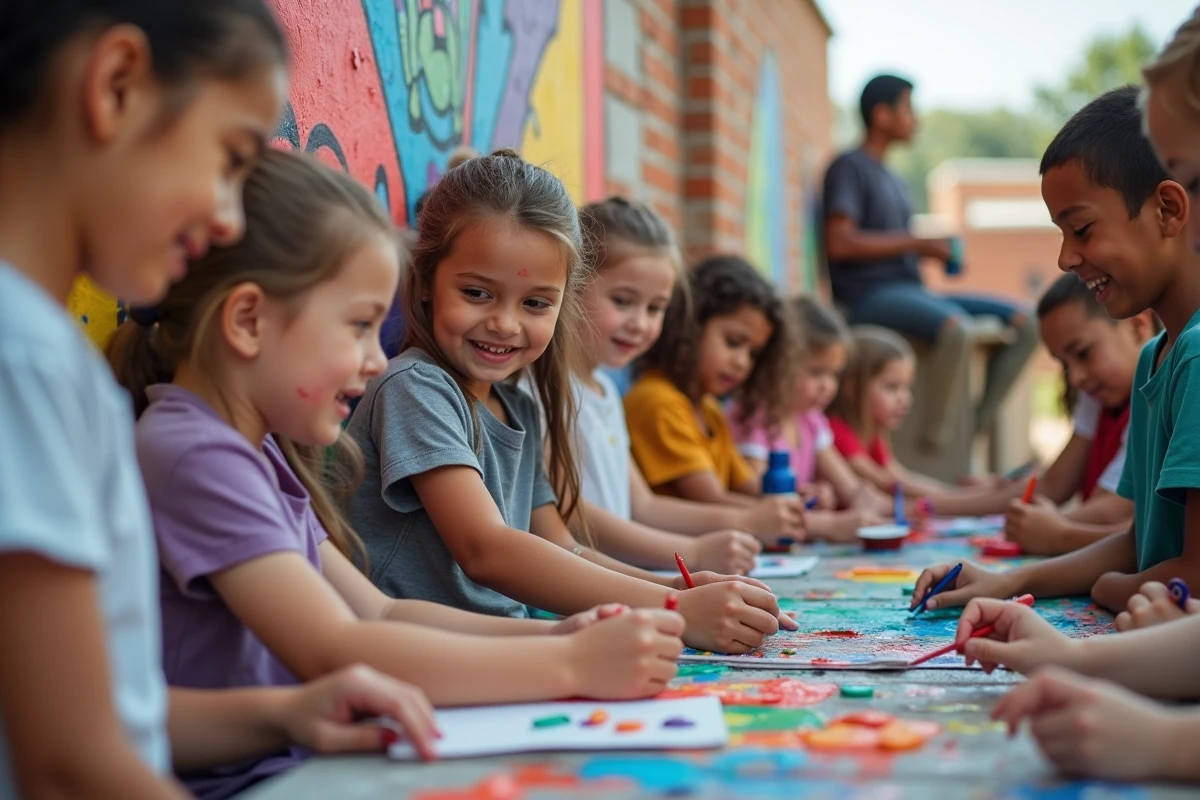 Enfants et adultes peignant une fresque colorée dehors