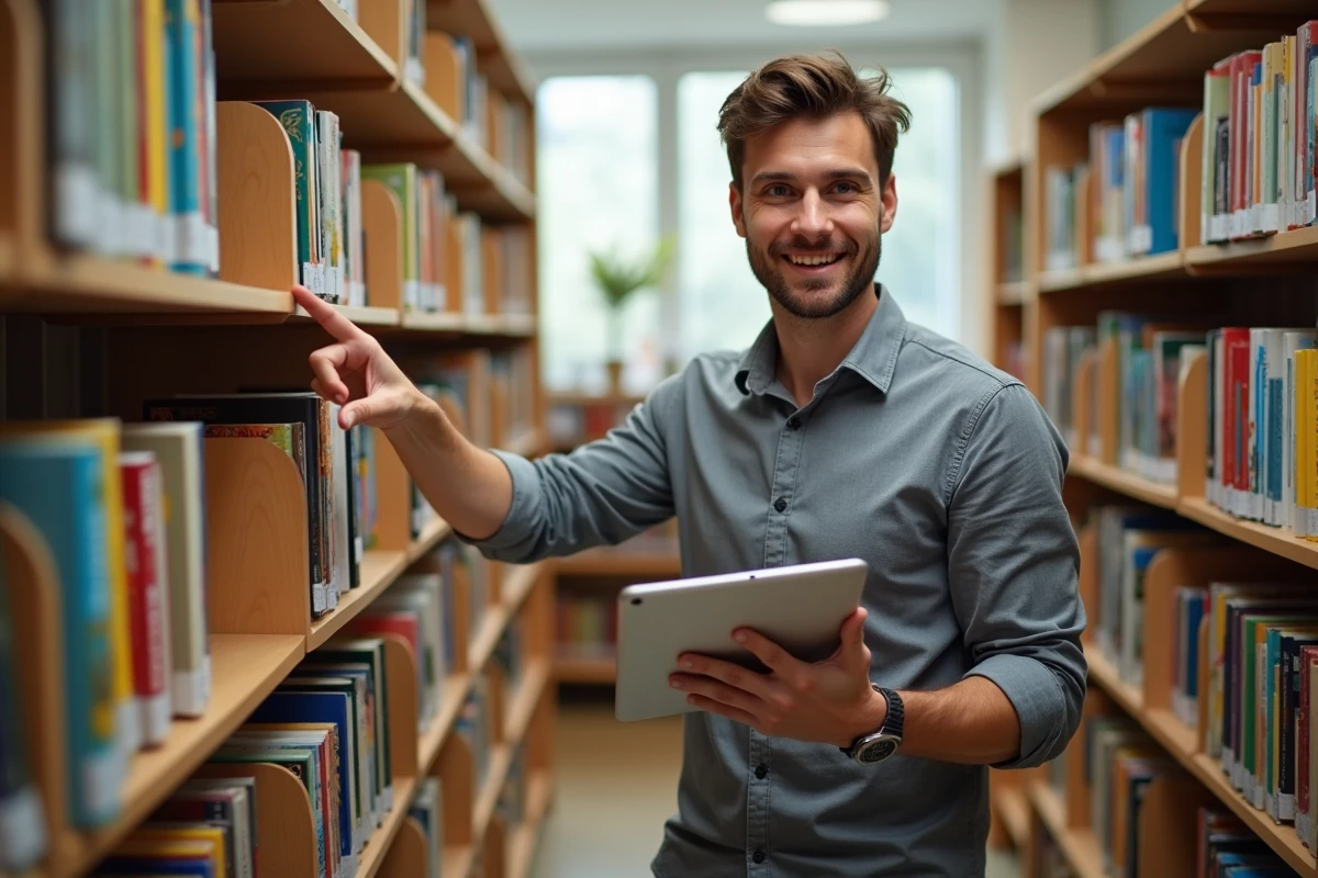 Enseignant consultant une liste d'étoiles de lecture sur tablette dans une bibliothèque scolaire