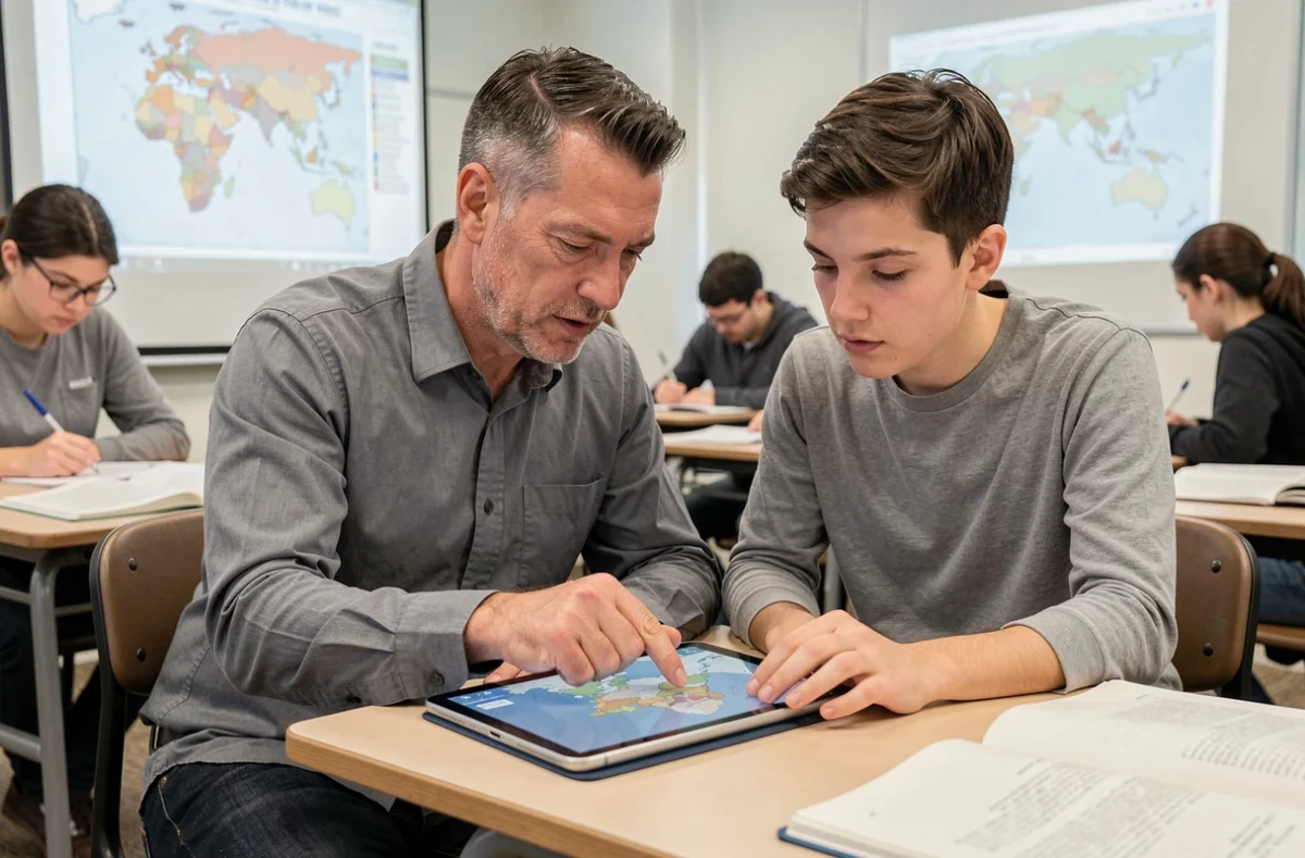 Enseignant de géographie utilisant une tablette avec une carte numérique interactive de l'Asie pour accompagner un élève en classe