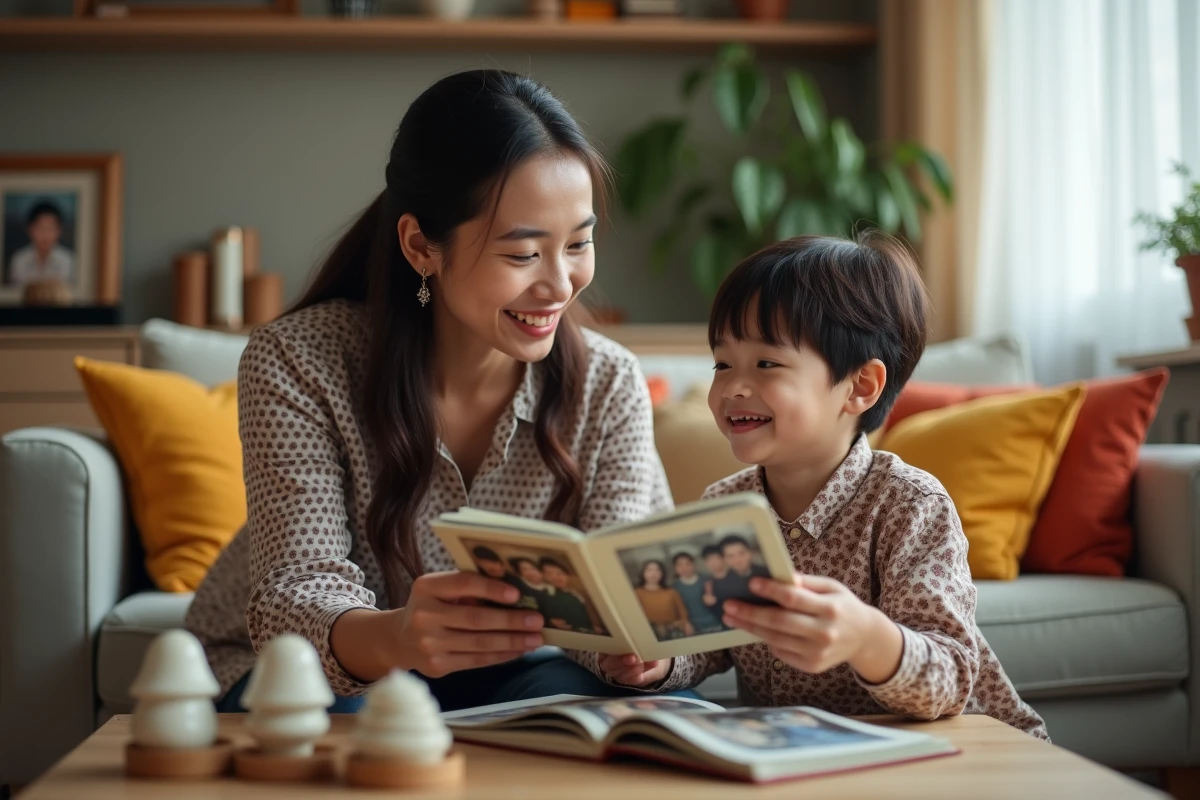 Enseignante attentive avec un album familial dans un salon chaleureux