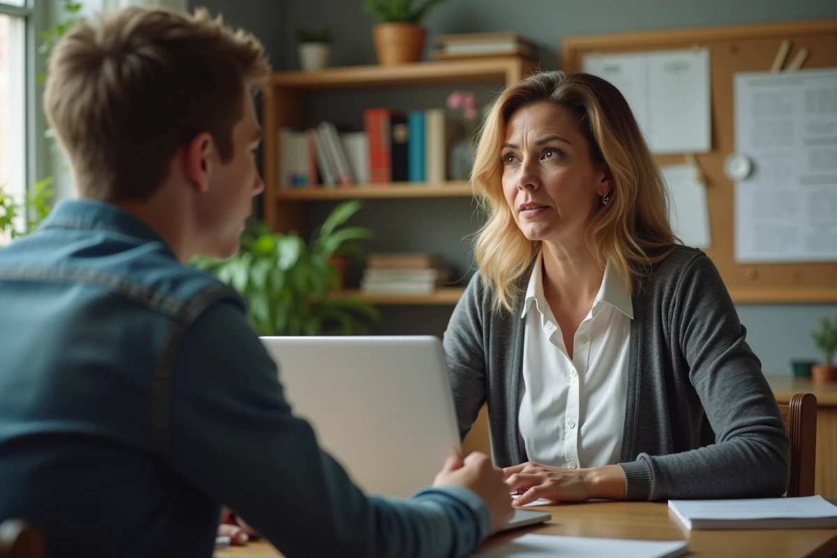 Professeure en entretien avec un élève au bureau